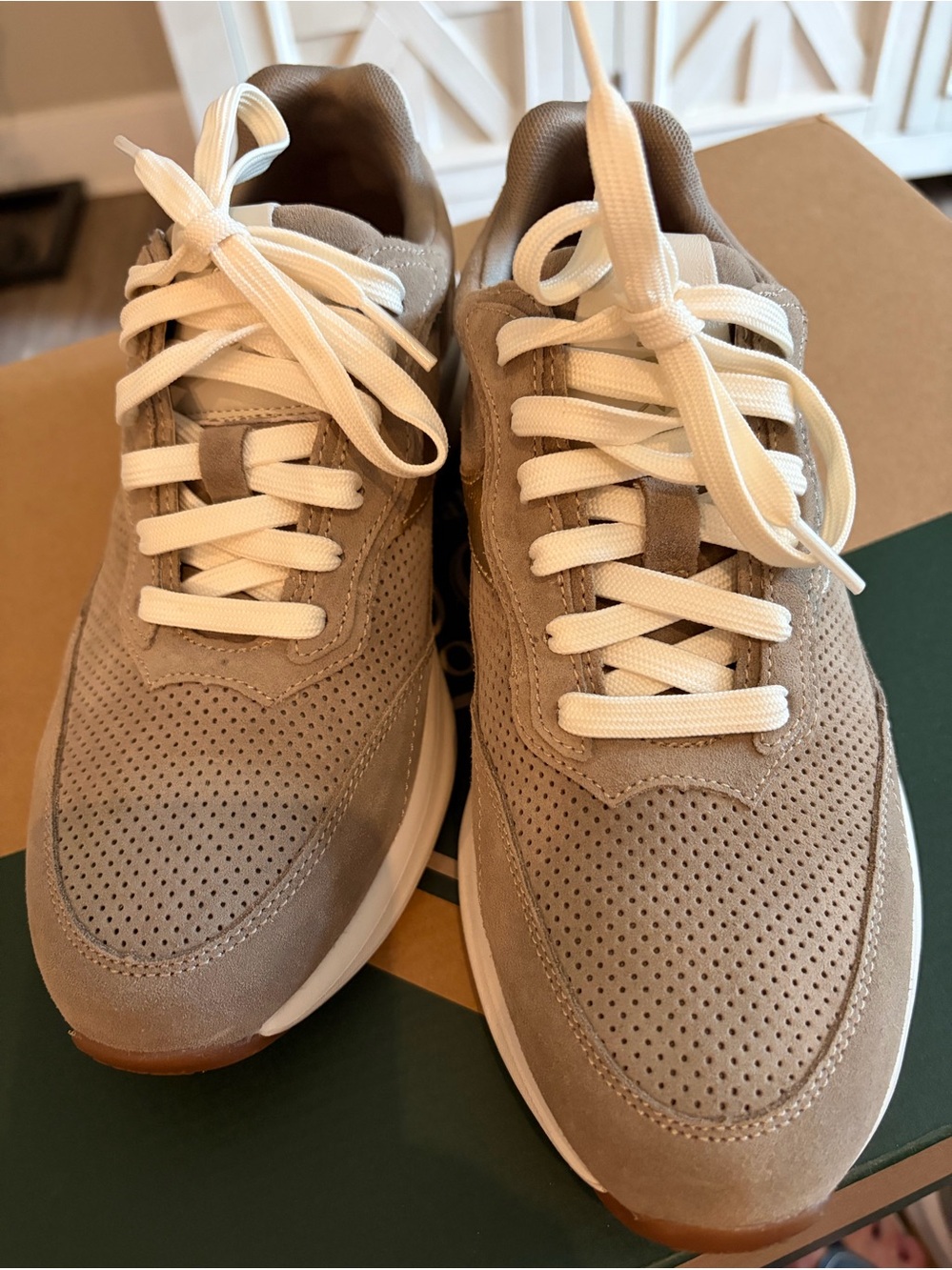 Women's Perforated Suede Athletic Sneakers in Taupe